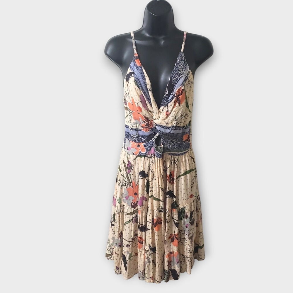 Angie Floral Rayon Mini Dress Cream Blue Orange Twist Front Cutout Womens Medium